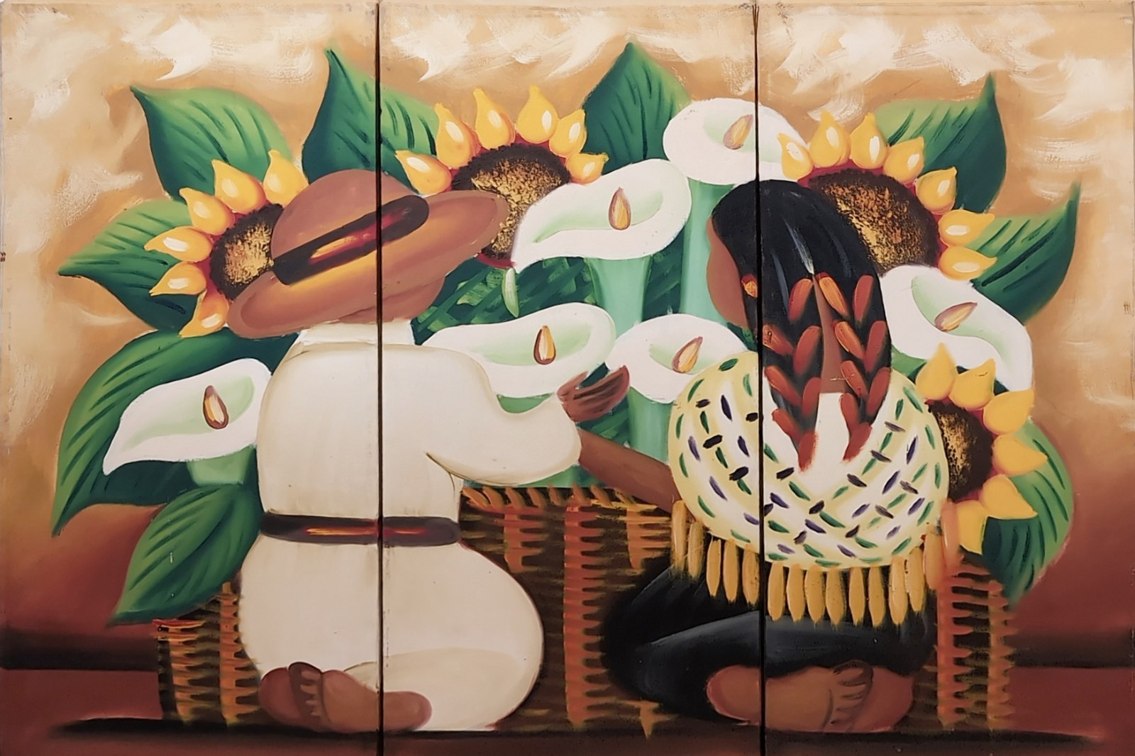 Triptych Painting Boy and Girl with Sunflowers and Calla Lilies Mexico Folk Art