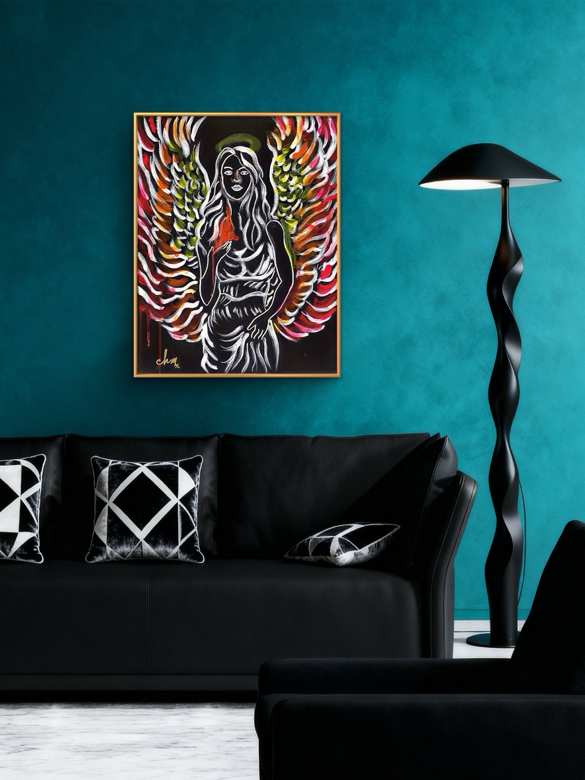 16 X 20 “Guardian Angel” Expressionism Colorful Abstract Art On Black Canvas
