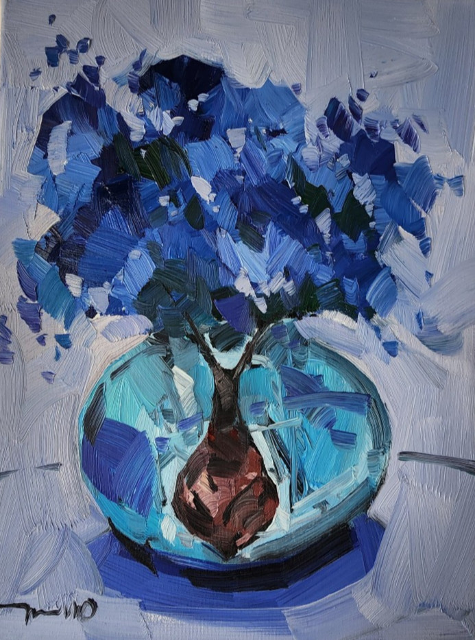 Jose Trujillo Original Oil Painting – Blue Flower Bouquet 12×16 Oil on Canvas