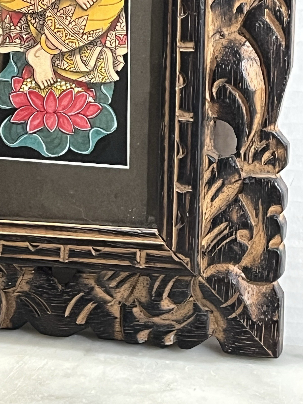 Ganapati Ganesha Water Color Art Hindu Religious Art Carved Wood Frame 13”x 7”