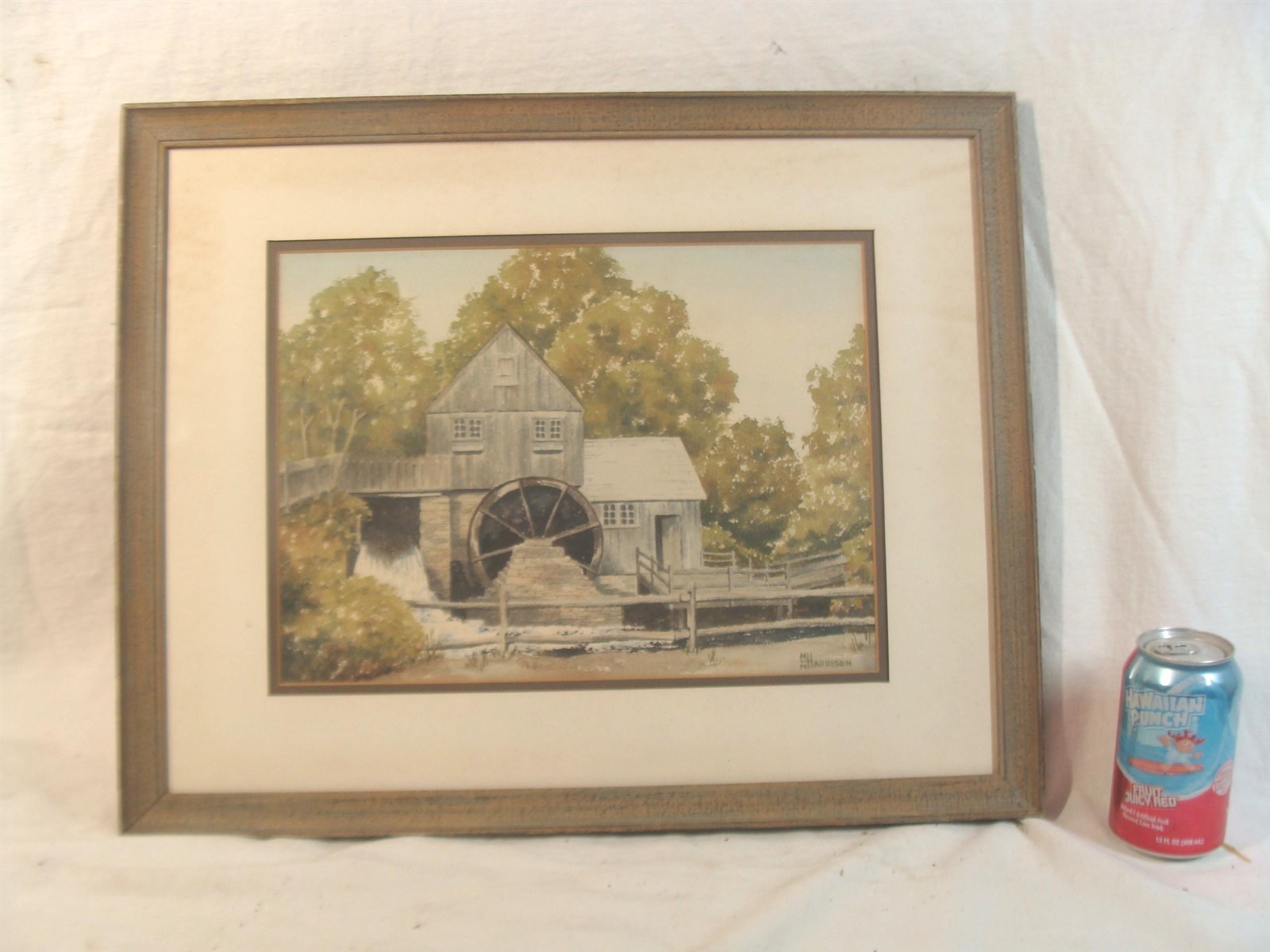 Antique N M Harrison Grist Mill Water Wheel Landscape W/C Painting