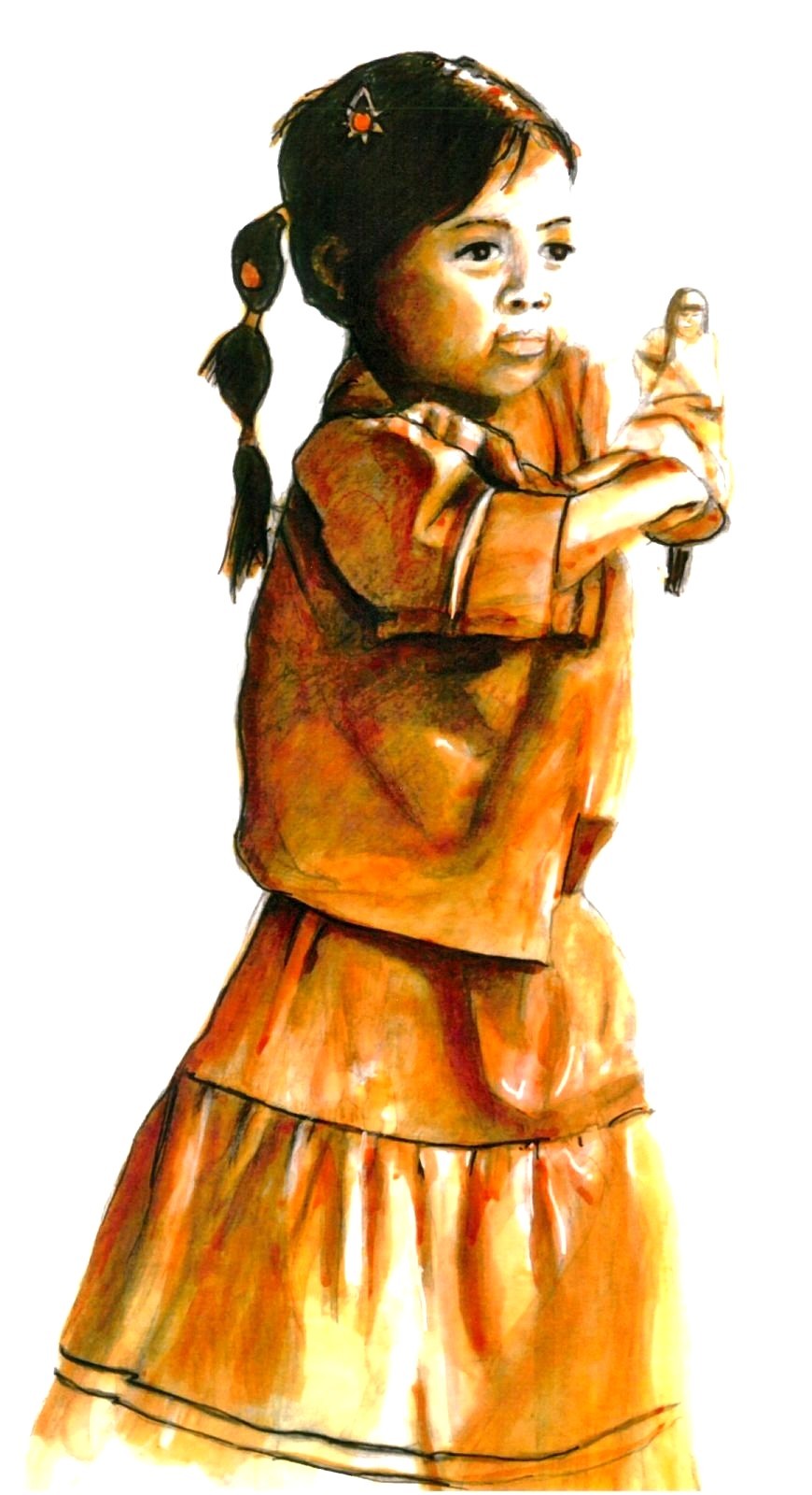 Native America Indian Girl with doll Colored Ink Print First Nation Children
