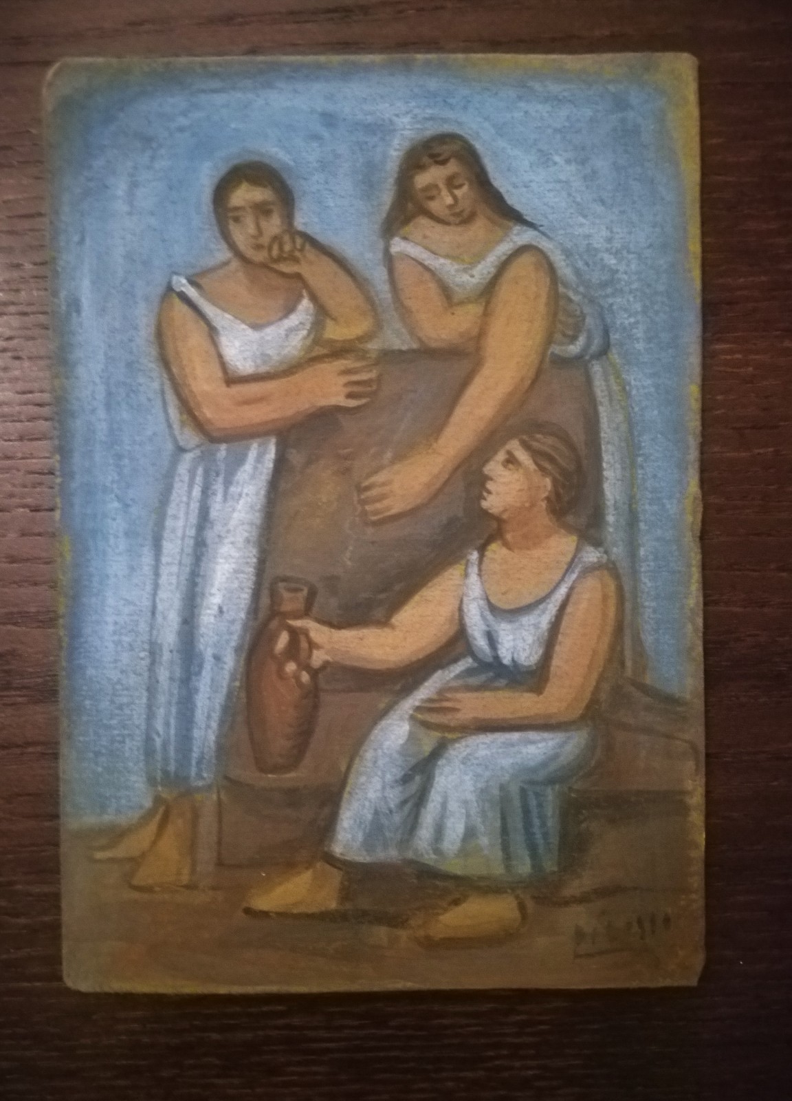 Three Women at the Spring Picasso Expressionism Style Painting on Cardboard