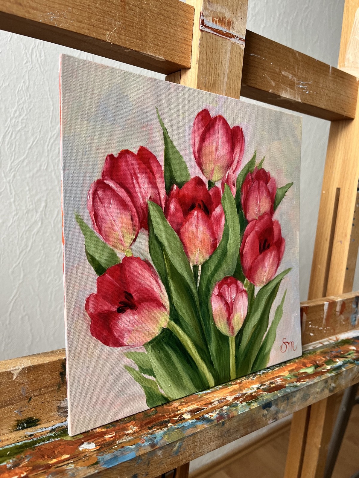 Tulip original oil painting 10×10 in (25x25cm) Realistic red pink flowers