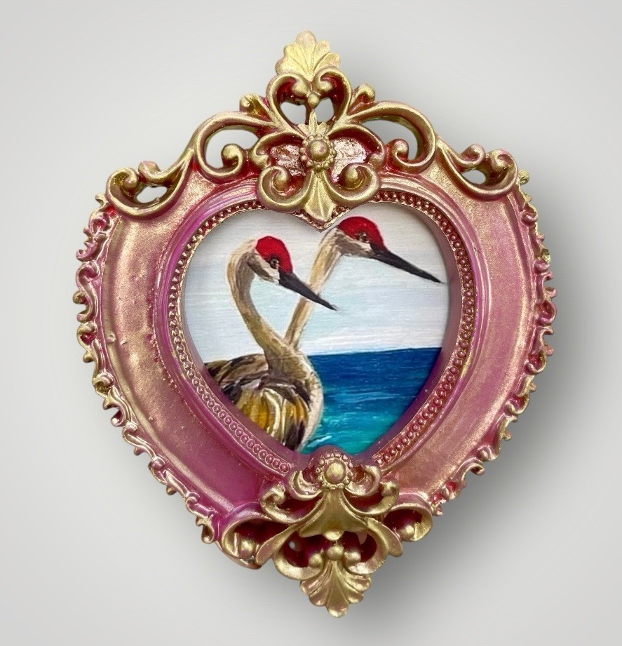 Sandhill Crane birds seascape print in mini vintage style heart shaped frame