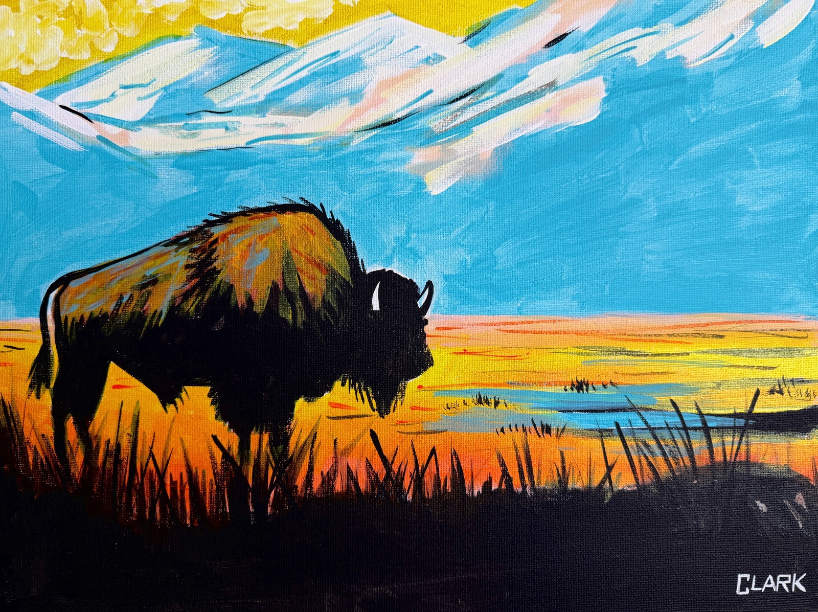 Unique Western Bison Silhouette – 12×16″ Acrylic Painting on Stretched Canvas
