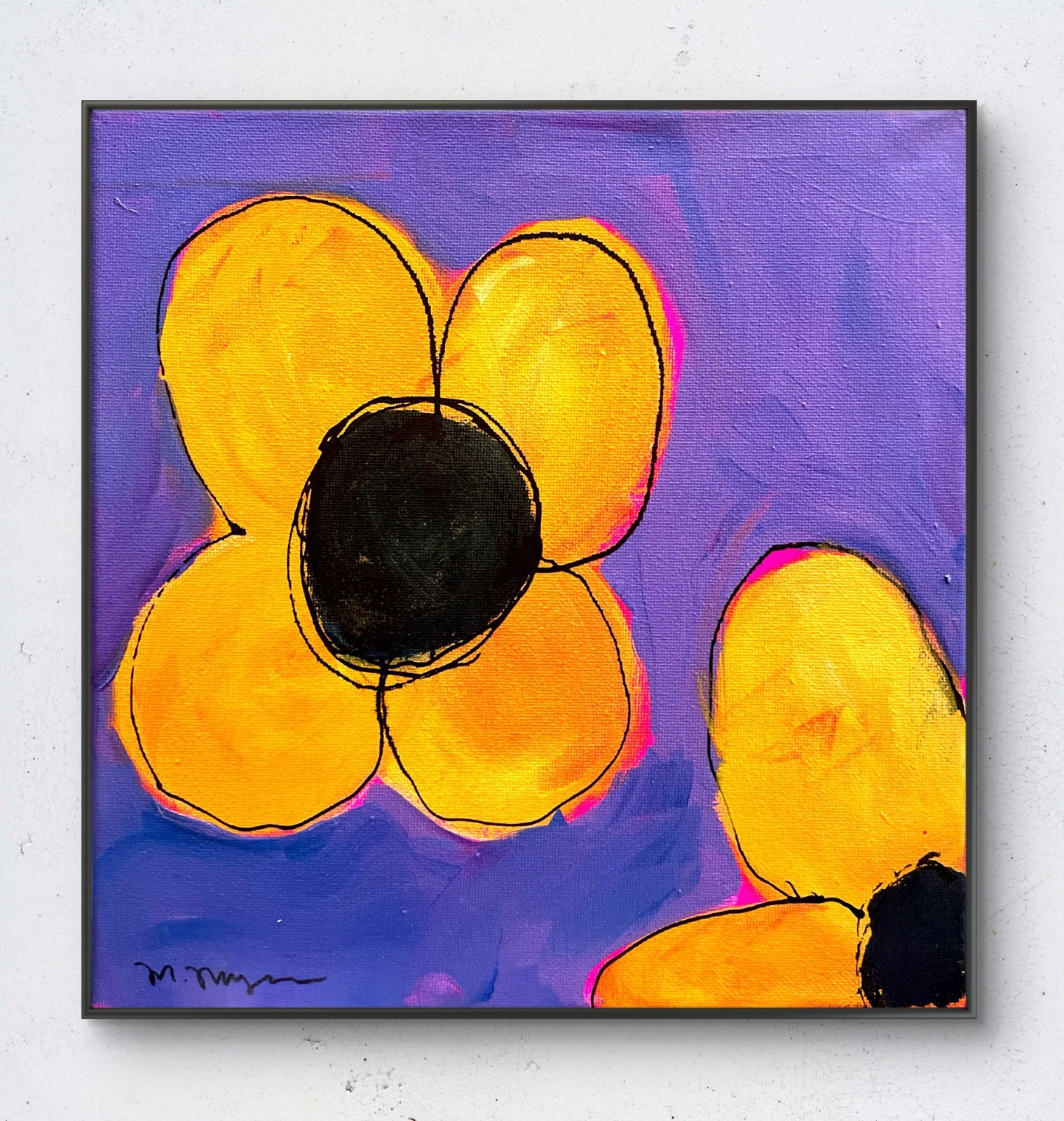 Mary Myers Original Bold Yellow Orange Flowers Abstract Floral Purple Backgroun