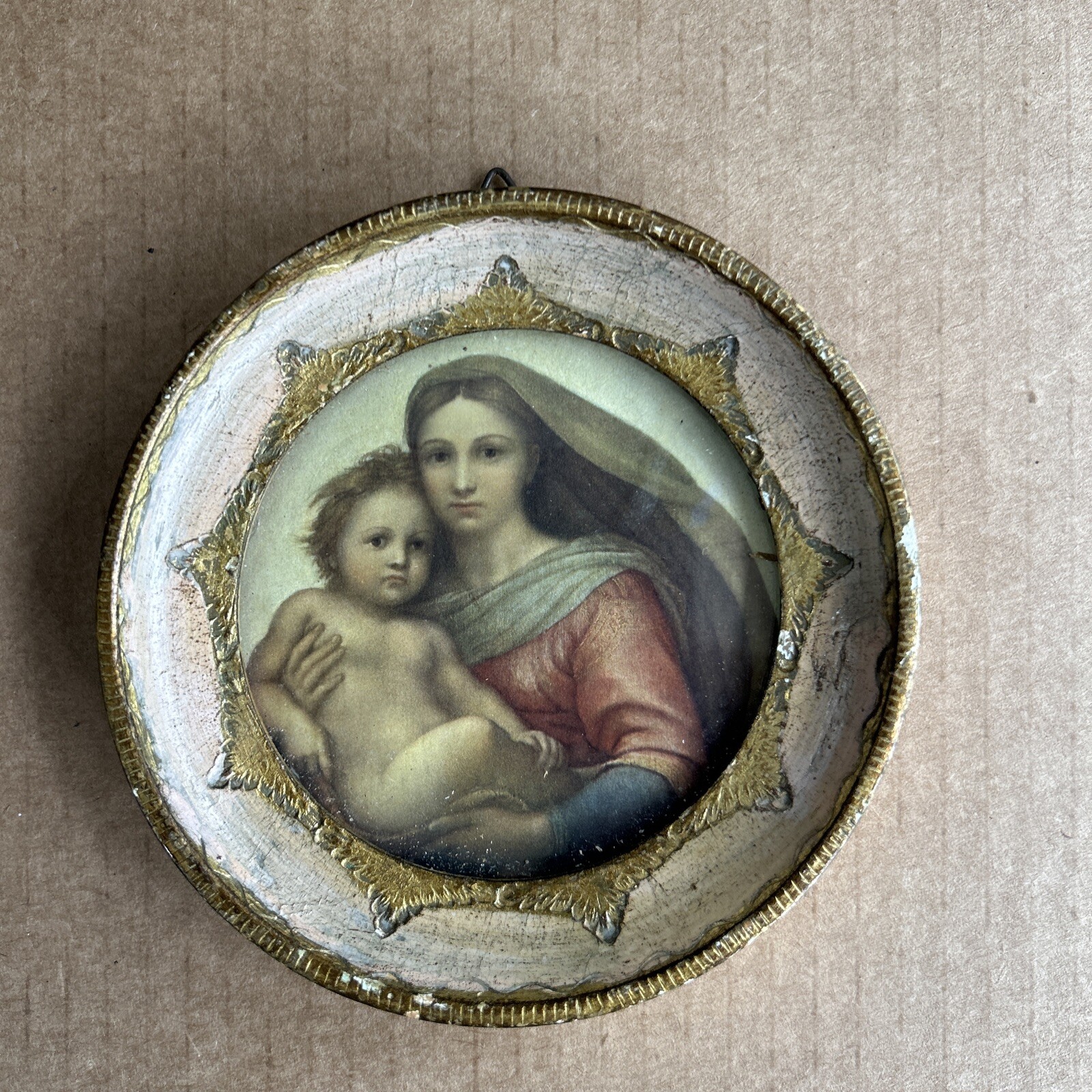 ANTIQUE Florentia Wood Hand Made In Italy. Sistine Modonna. 4.5 Inches