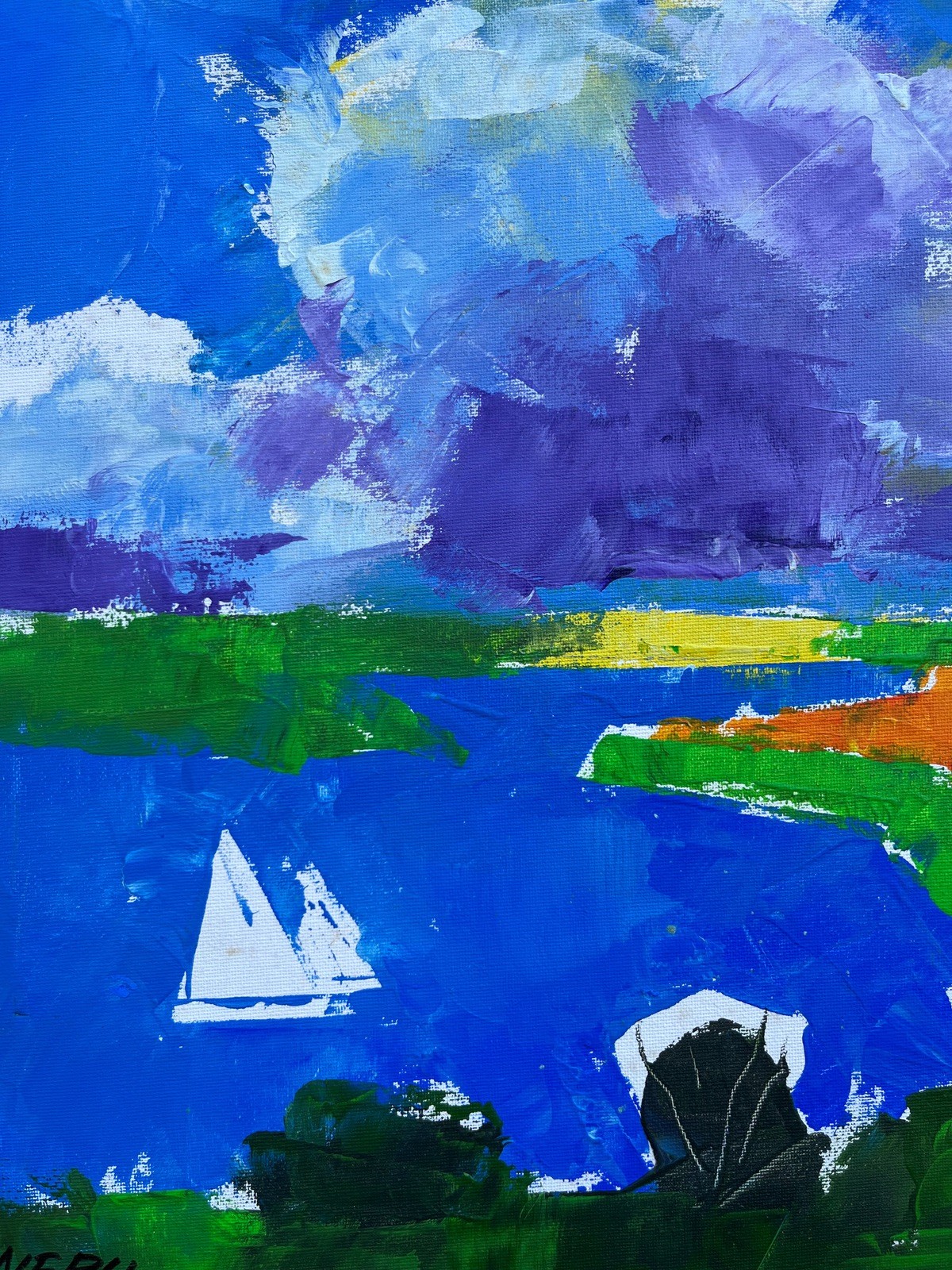 Expressionist Abstract Coastal Landscape with White Sailboat Oil Painting Maritime