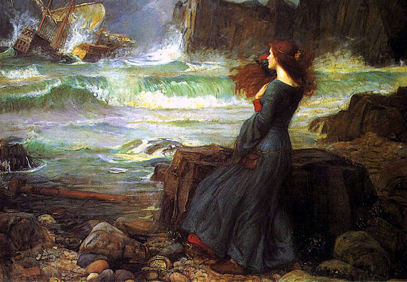 Oil painting Waterhouse – Miranda – The Tempest Young girl by beach & Shipwreck