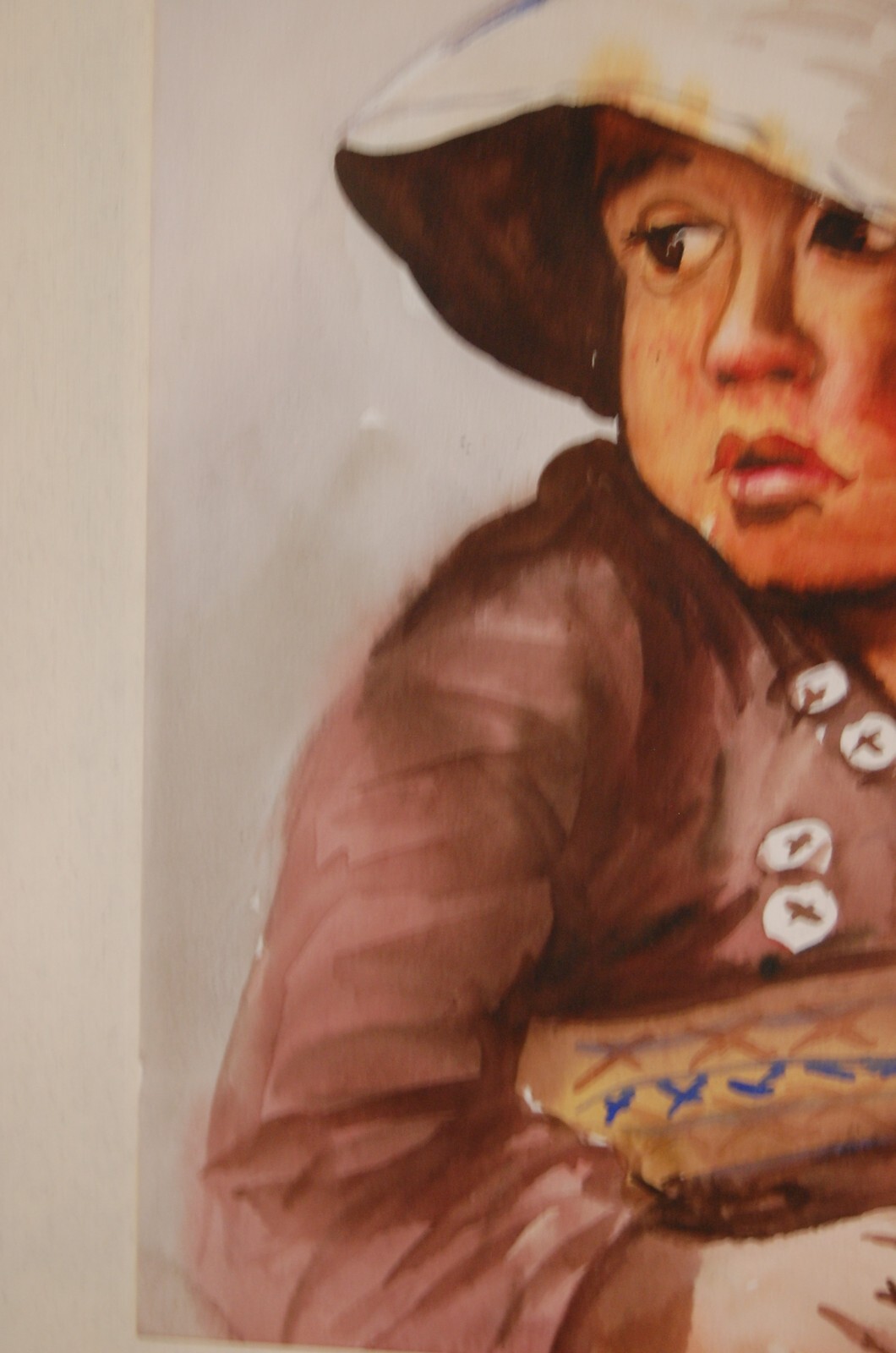 VINTAGE FRAMED MATTED ORIGINAL WATERCOLOR PAINTING OF PERUVIAN NATIVE BOY CHILD