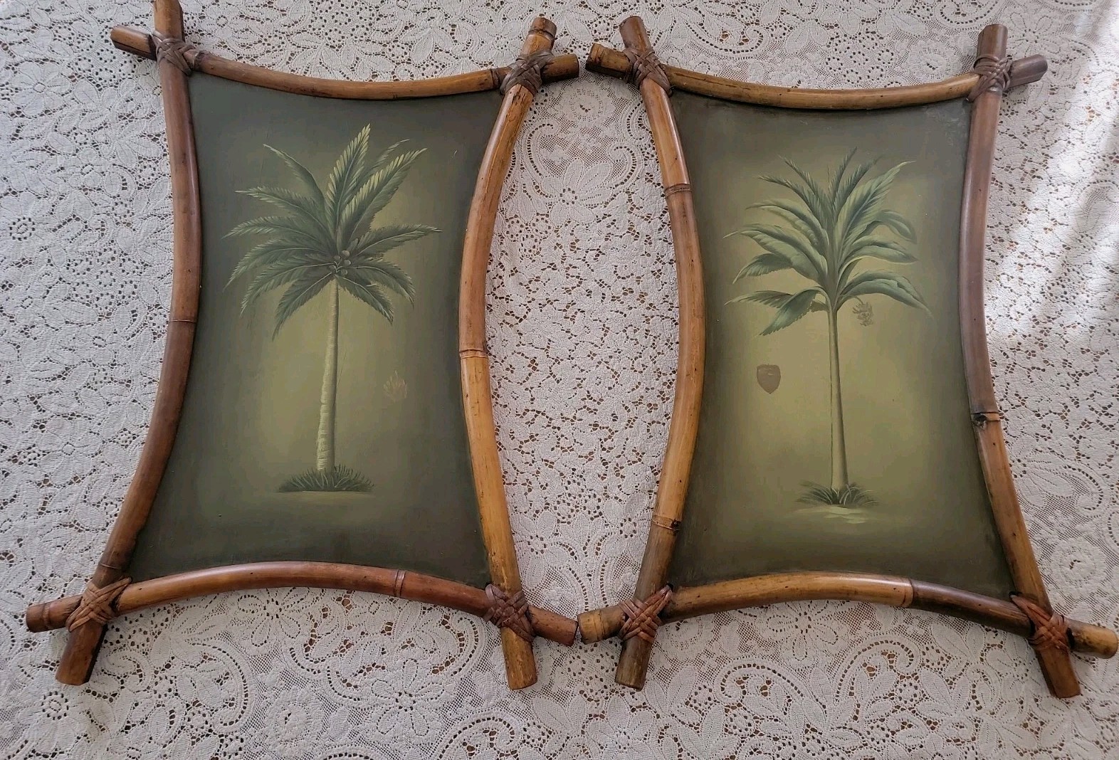2 Vintage Bamboo Tikki Frames Palm Banana Tree Tropical Paintings 20″×27.5×1.5″