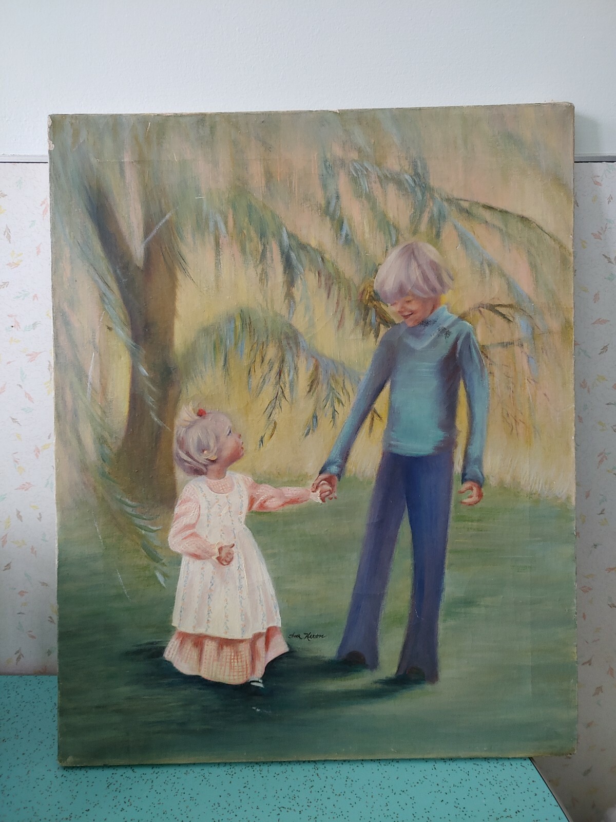 Vintage painting of a Blonde Boy and Girl 1960s 1970s Thor Heron