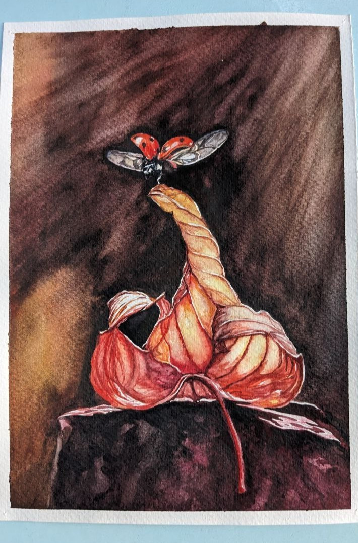 Autumn Orange Leaf & Ladybug Watercolor Painting Seasonal Fall Flying Insect Art