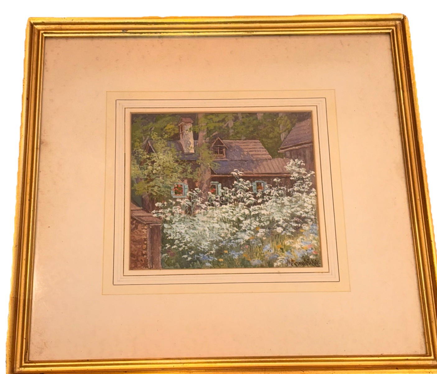 Antique Watercolor Cottage Garden Wildflowers Signed Original Gilt Frame 15×14