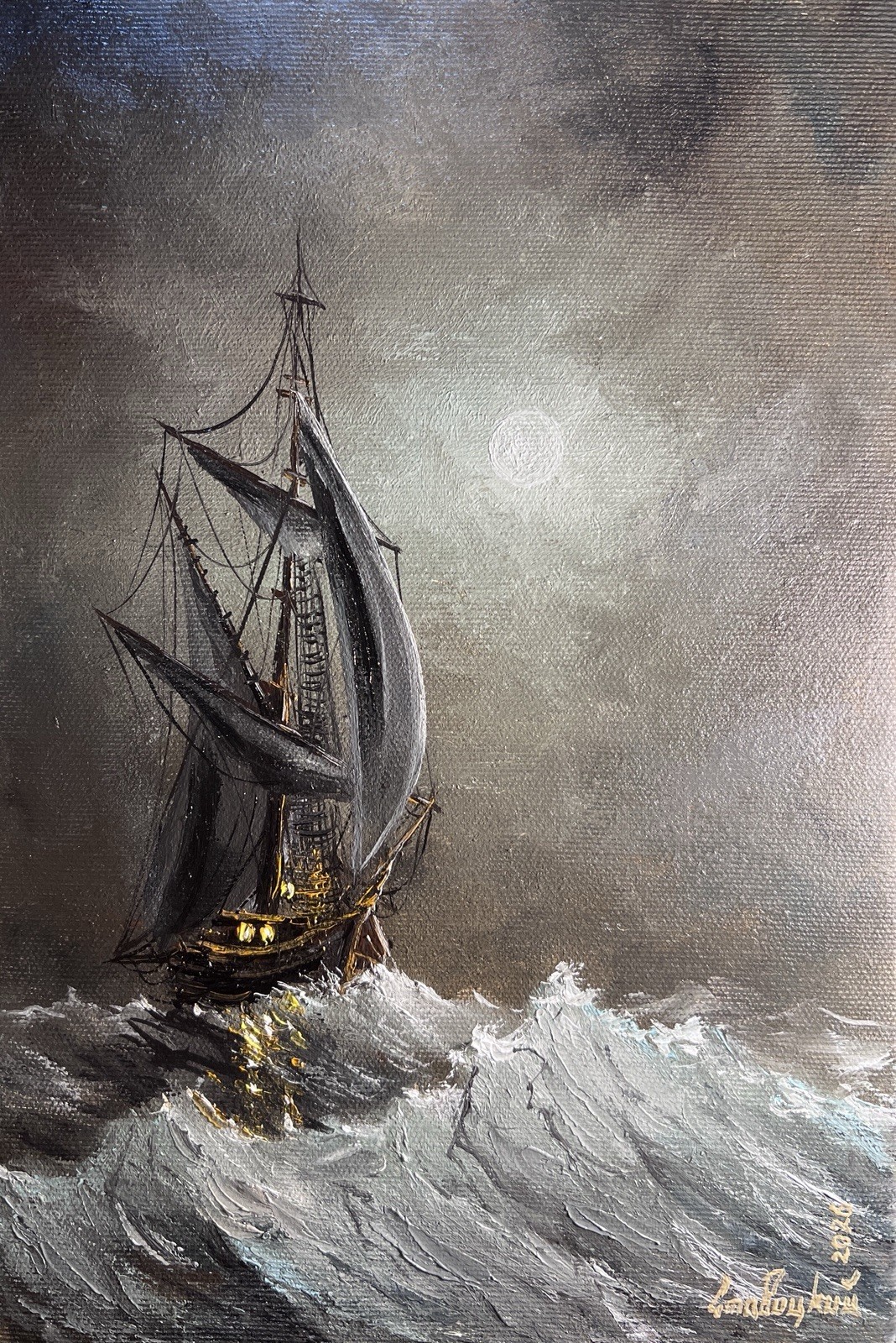 Vertical Stormy Night Sea Oil Painting, Moonlit Sailboat Moody Midnight Artwork