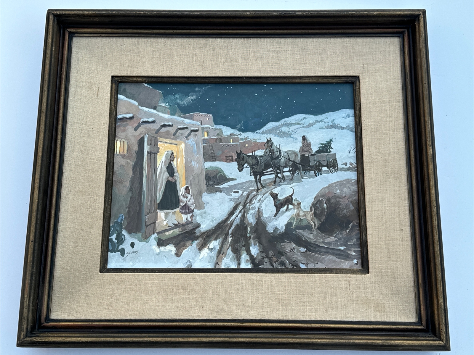 VINTAGE TAOS WINTER PAINTING NIGHT NATIVE AMERICAN INDIAN PUEBLO JOSEPH STAHLEY