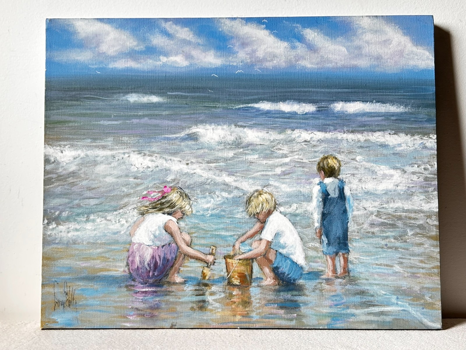 Original Oil Painting, Signed 20»x16″ Children on The Beach, Ocean Landscape