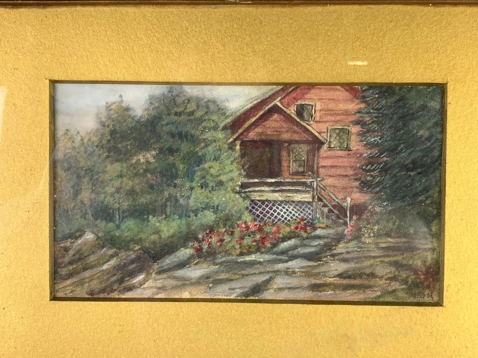 RH Macy & Co Herald Square Inc NY Framed Gouache Painting of Cottage Signed