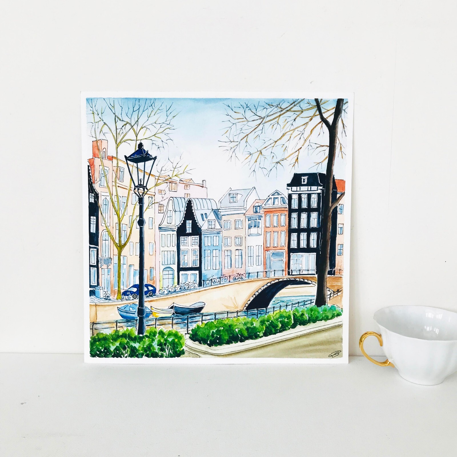 Amsterdam Original Art Netherlands Painting Watercolor Cityscape Art 12 x 12″
