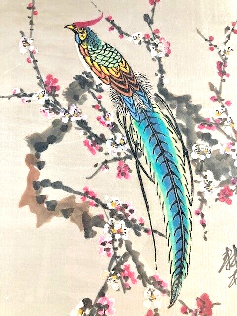 Antique Painted Silk Asian Bird Painting From Vietnam Handpainted & Custom Frame