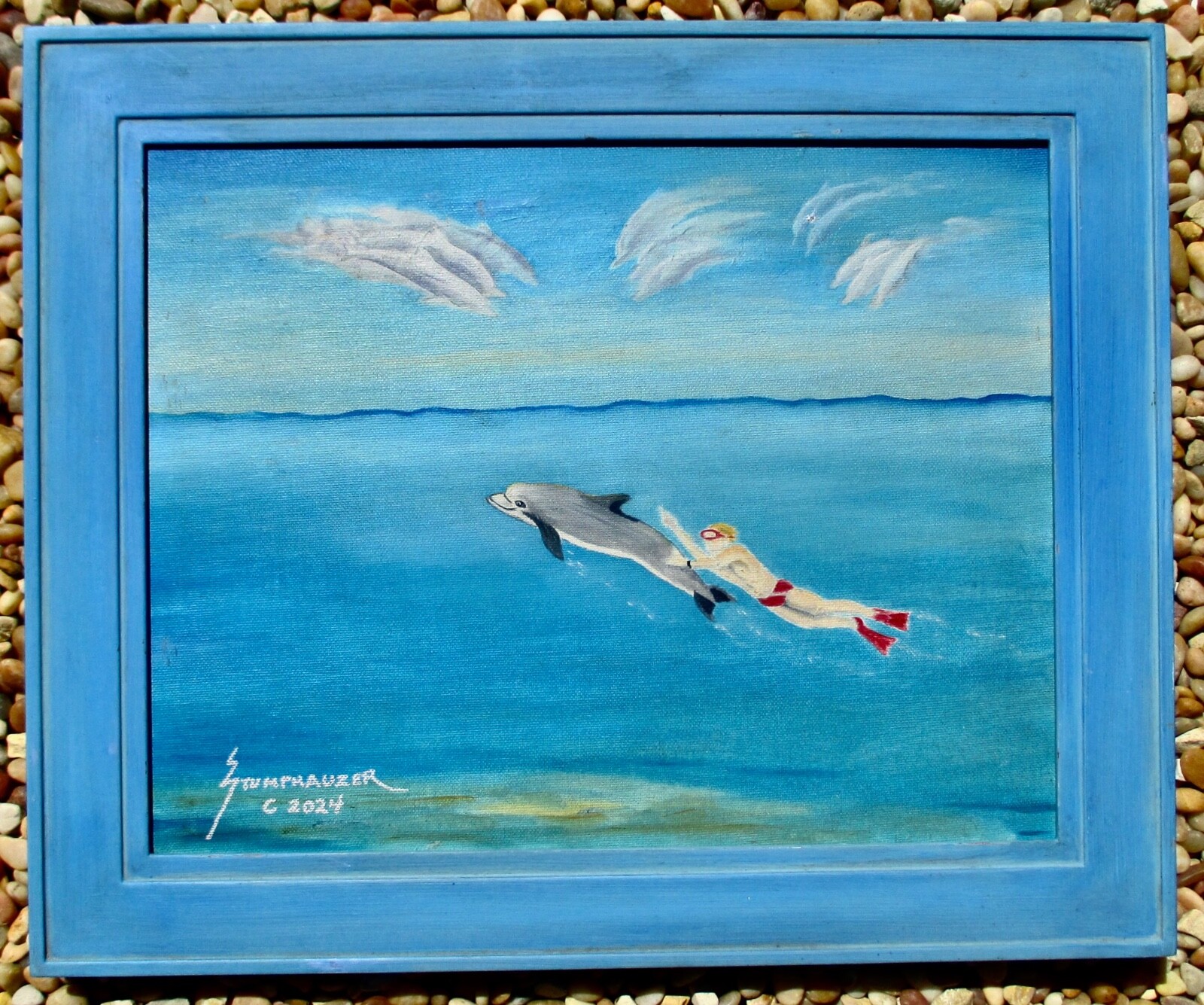 DOLPHIN BUDDY AMAZING ORIGINAL OIL PAINTING BY LISTED ARTIST SIGNED and FRAMED