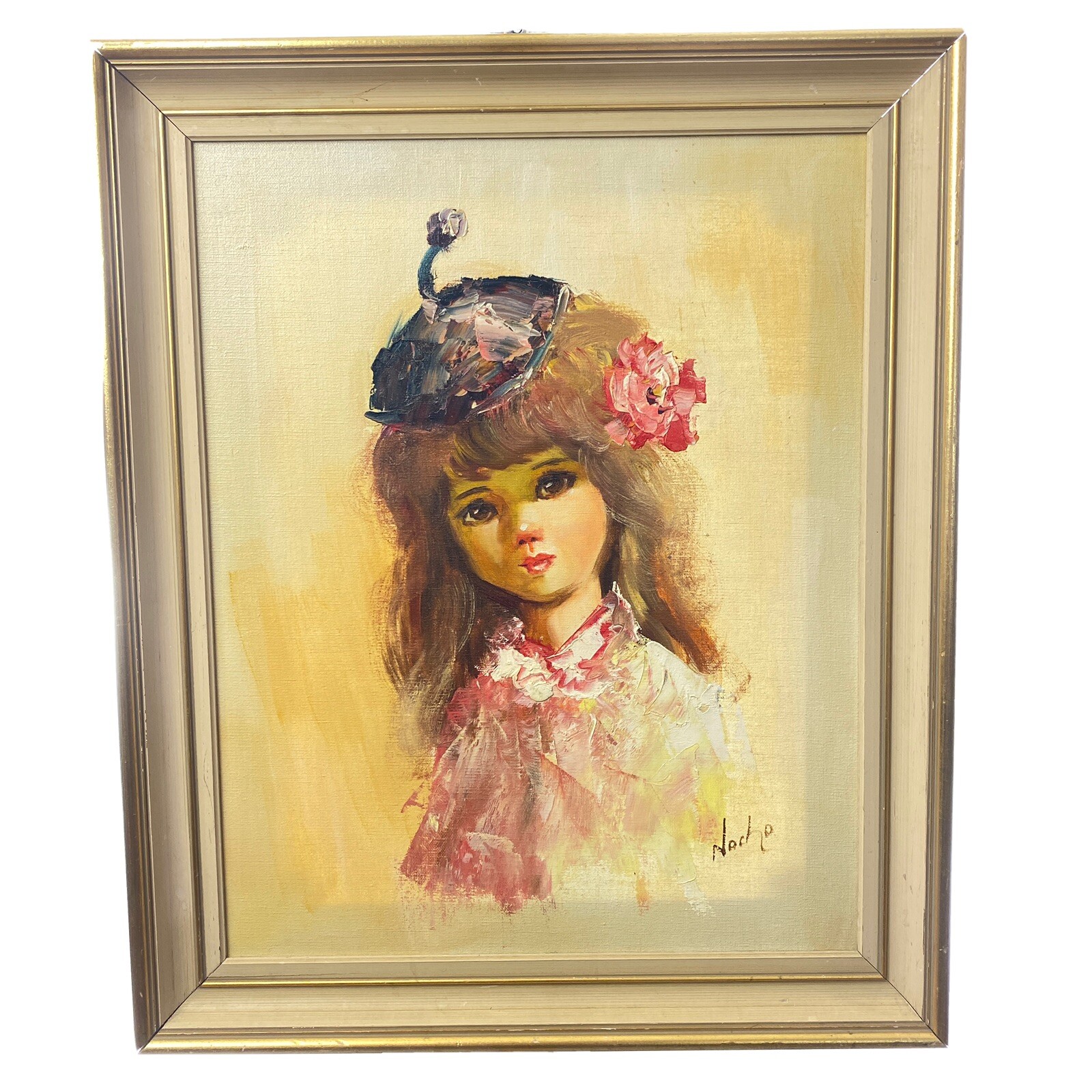 Impressionism Signed Painting Vintage Big Eyes Young Girl Beret Flower Hair