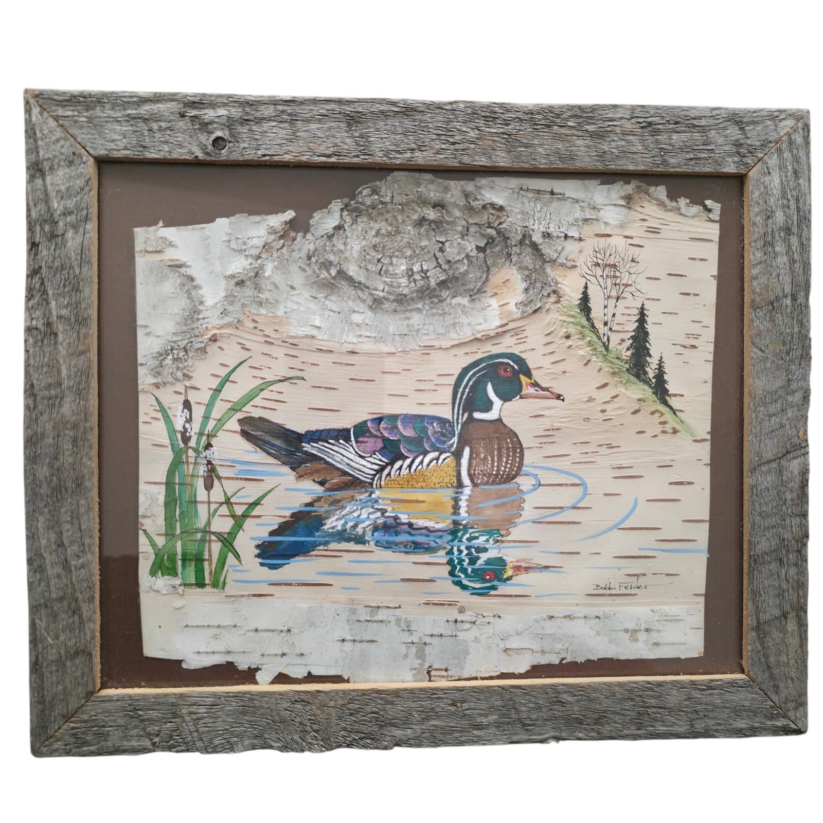 Wood Duck Painting Birch Wood Framed & Signed Bobbi Felder Artwork 10 X 13 VTG