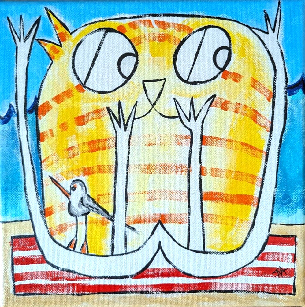 Cat Bird Painting Original Beach Friends Tabby Seascape Folk Art Samantha McLean