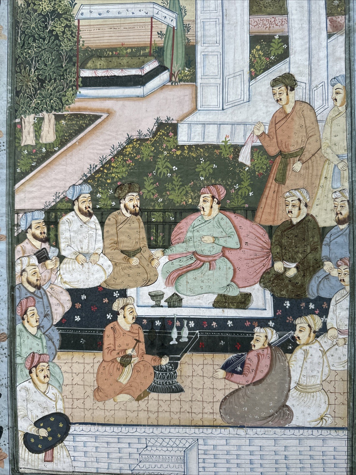 Vintage Persian Painting Courtyard Flower Border On Silk 19.5 X 13.5 Inches