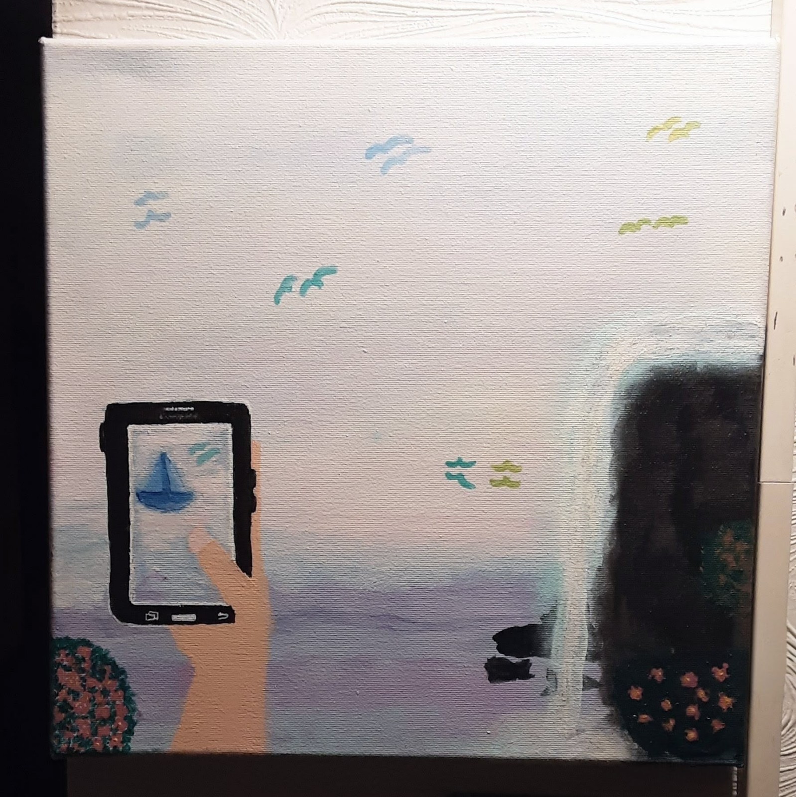 Seascape Sailboat Smartphone Acrylic Painting Waterfall Ocean Seagulls Beach