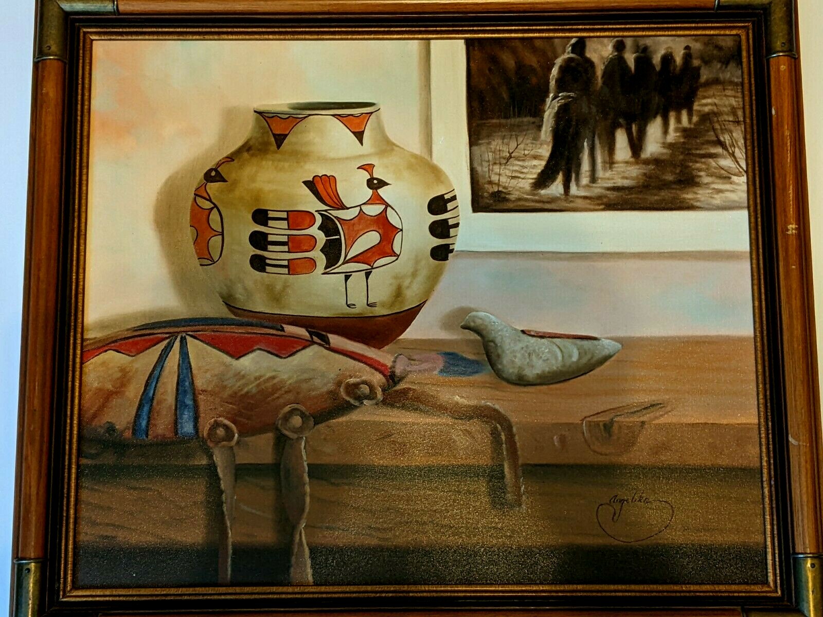 Hand Signed Angelica Original Oil on Canvas Southwest Indian Artifacts Framed