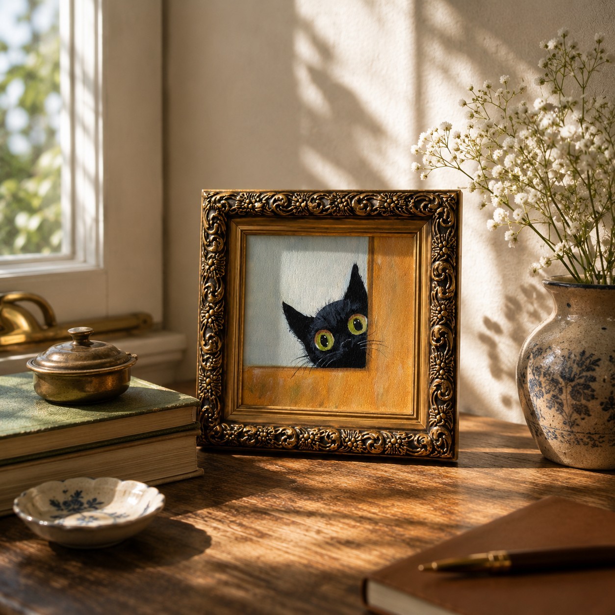 ORIGINAL Oil Painting Black Cat Handmade Miniature Contemporary Wall Art Animals