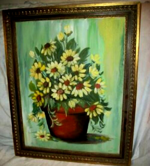 Hollywood Regency Daisies Floral Oil Painting 1960s Wood Frame Stunning Kennedy