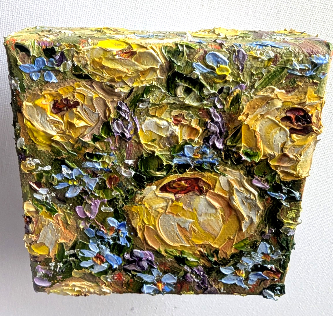 ORIGINAL OIL impasto Painting «Yellow ROSES» 4″X4″ X 1.5″ by Olga Diduh.