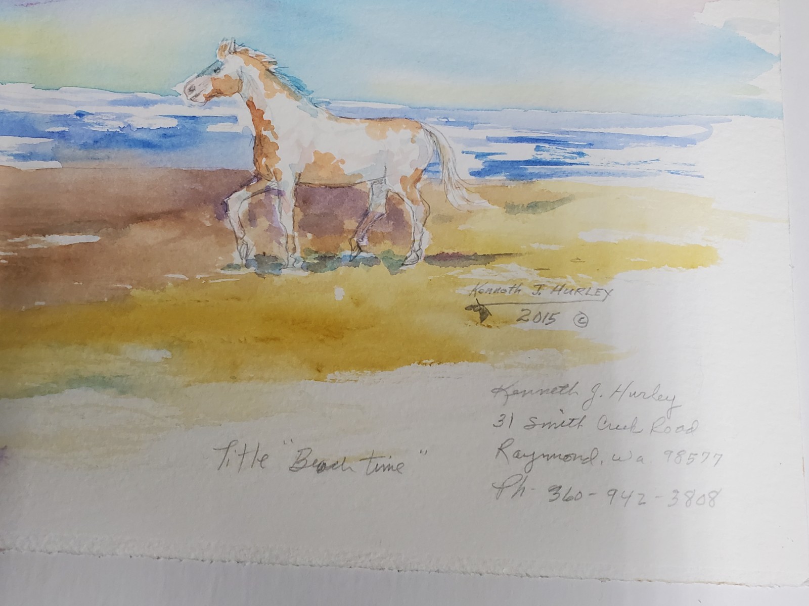 Kenneth J Hurley Original 2015 Horse Watercolor Painting – Beach Time 13″ X 9″