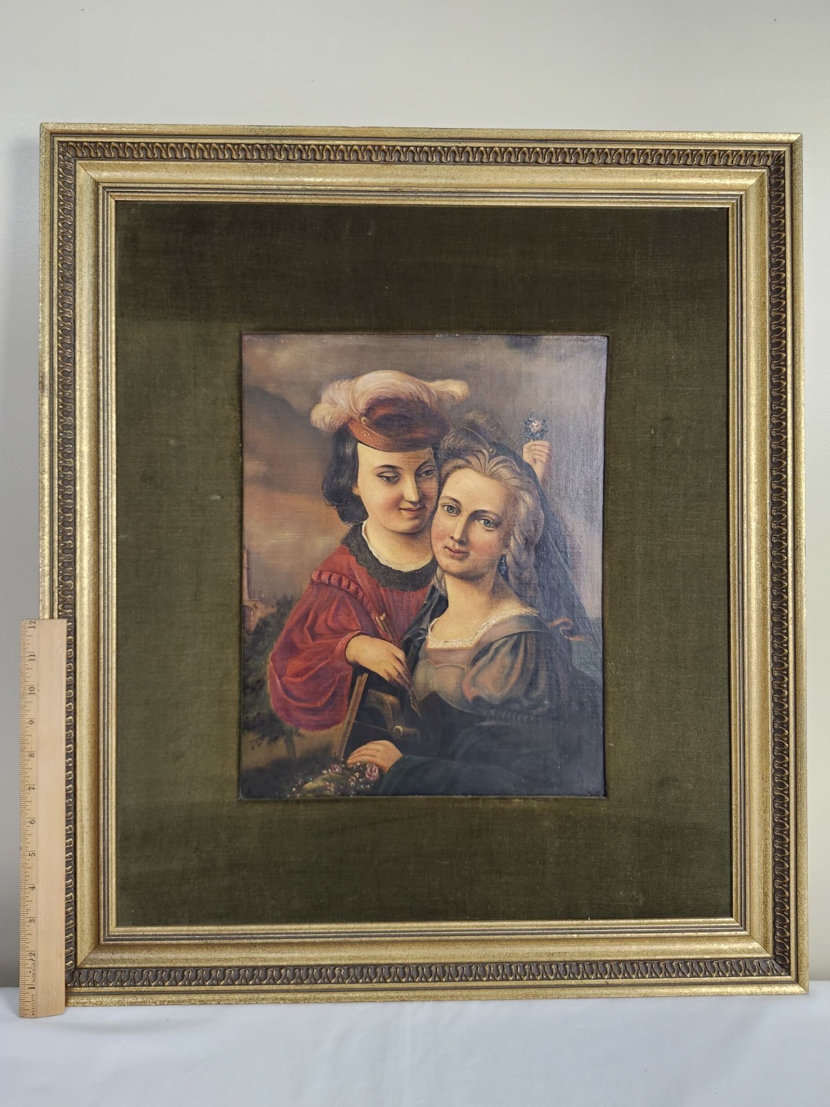 Vintage European Oil Painting Romantic Couple Ornate Gold Frame Velvet Mat 27×24