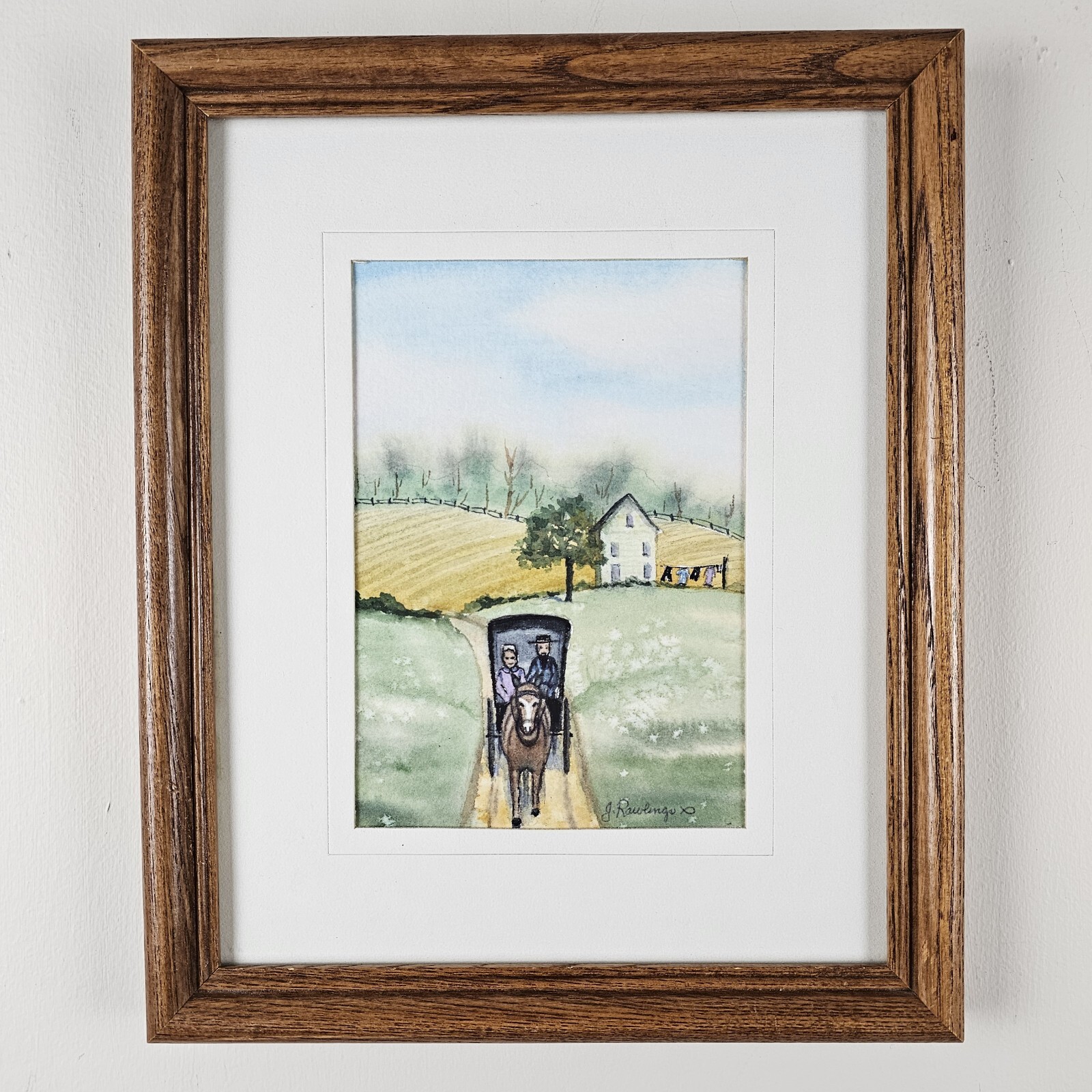 Original Signed J Rawlings Watercolor Painting 11.25×9.25 Framed Art – Amish VTG