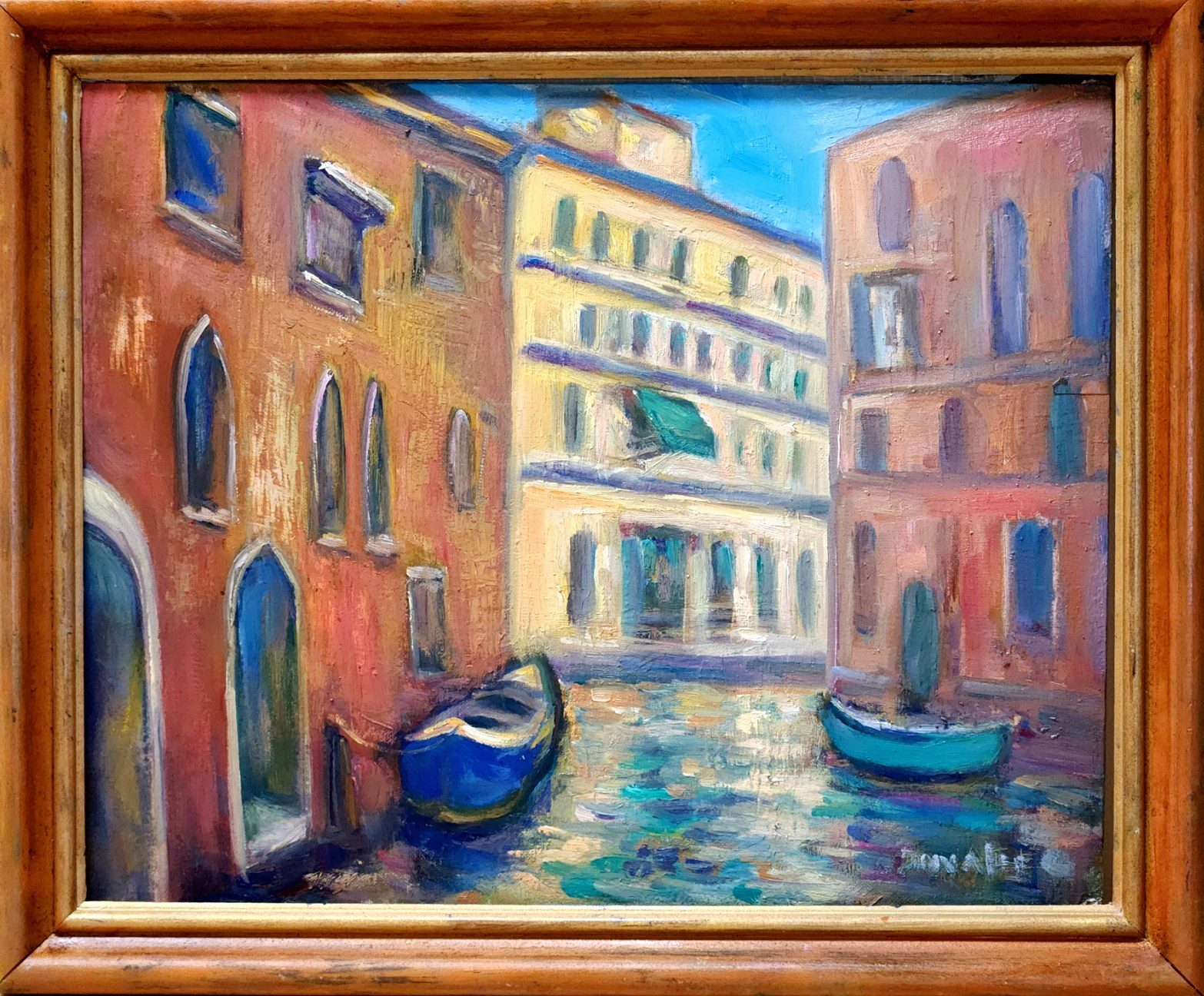 Oil Painting Venice Canal Boats Water Reflection Italy Framed Original – Donalee