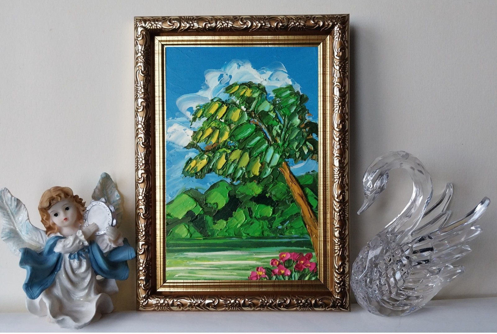 Framed Hawaii Palm Seashore Green Seascape 4×6” Impasto Oil Painting Original