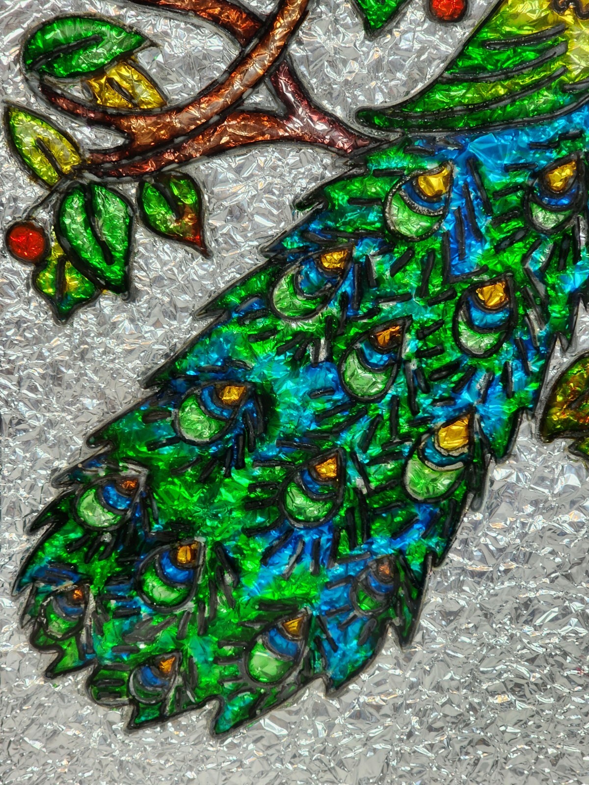 Vintage Aluminum Foil Art, Peacock, Reverse Painted