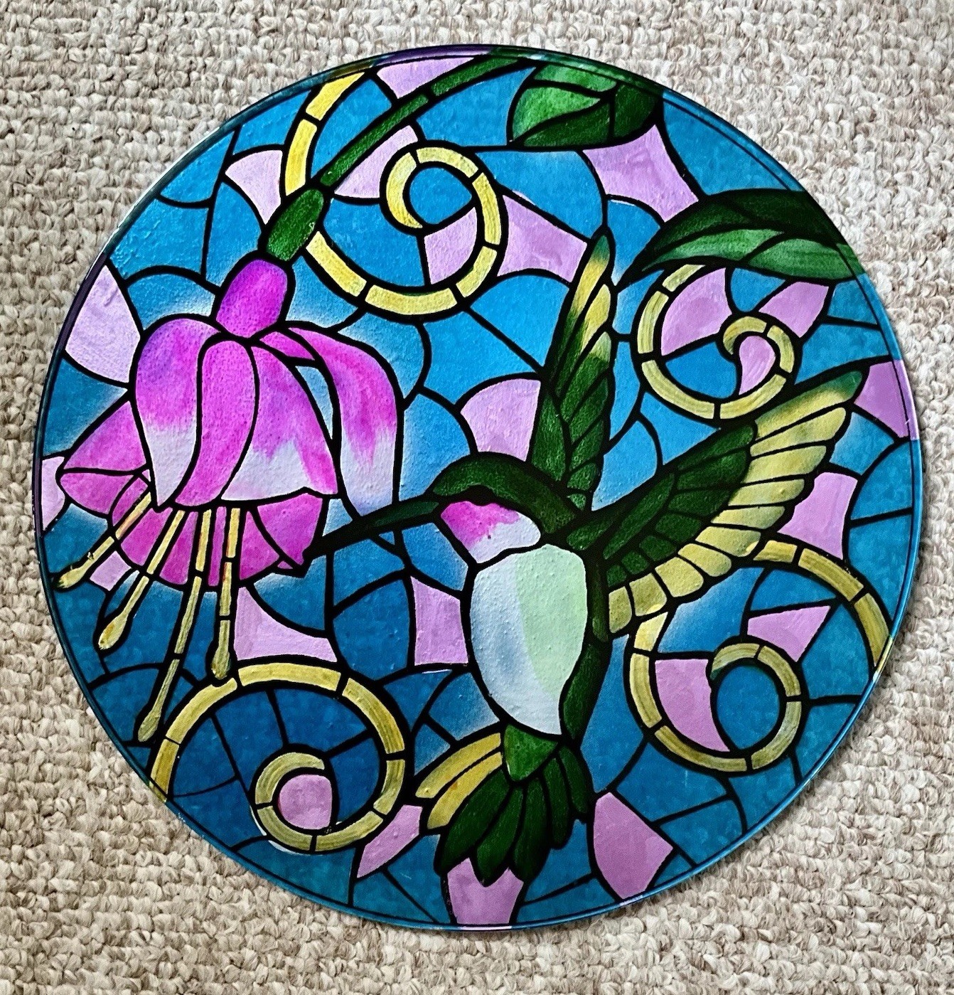 HUMMINGBIRD with Fuchsia Flower Reverse Painted Art Glass Plate 14”
