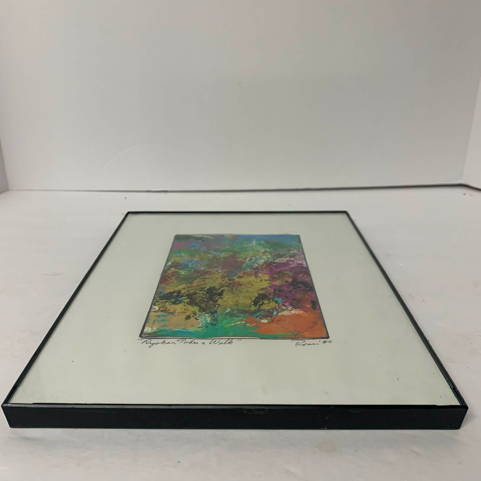 Colorful Abstract Acrylic Painting on Paper 4.25″ x 6.5″ Signed Art Matted Frame
