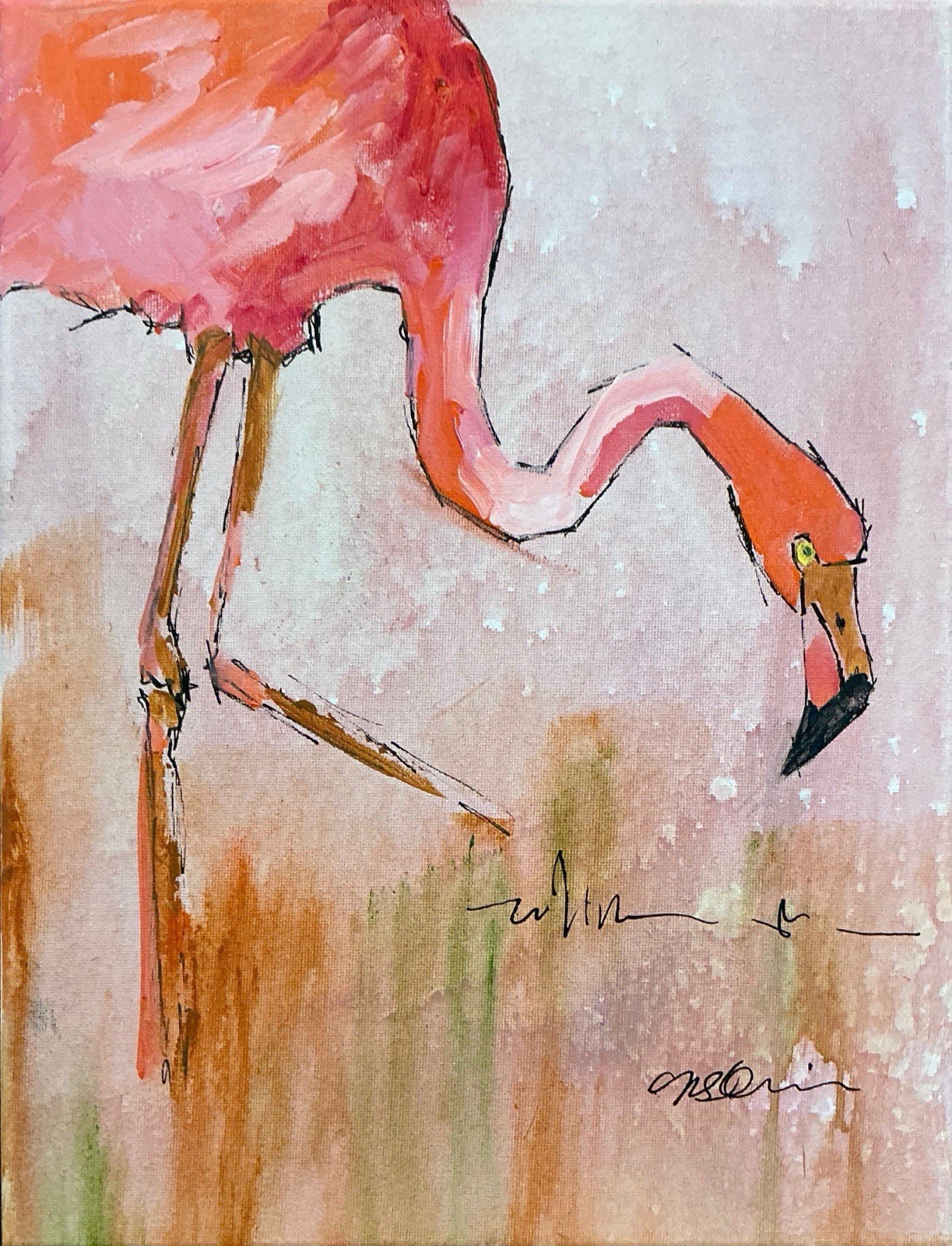 OOAK Original 11×14 Acrylic Painting Canvas Pink Flamingo Modern Wall Art Decor