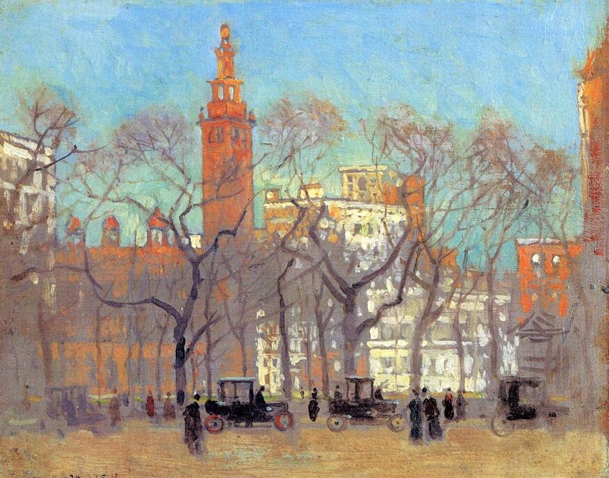 Handpainted Oil painting Paul-Cornoyer-Madison-Square-on-a-Sunny-Day cityscape