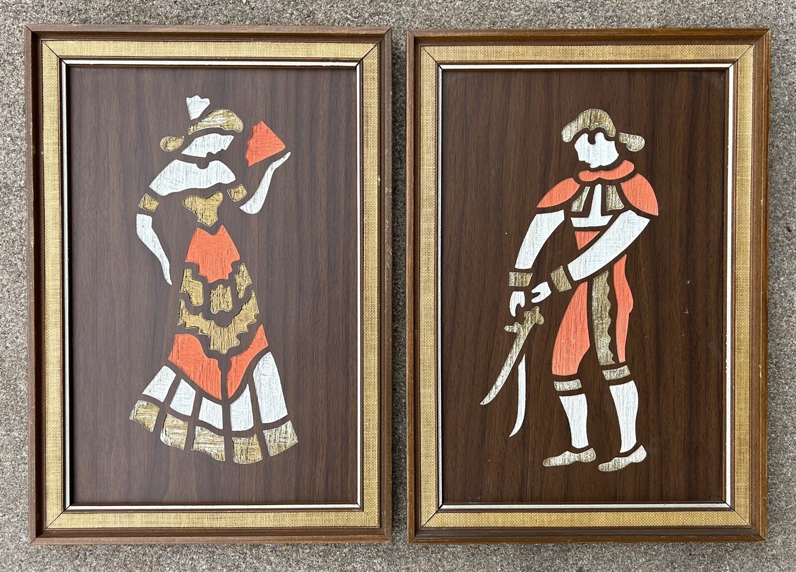 Pair Of Mid Century Wood Panel Relief Paintings Of Matador & Senorita