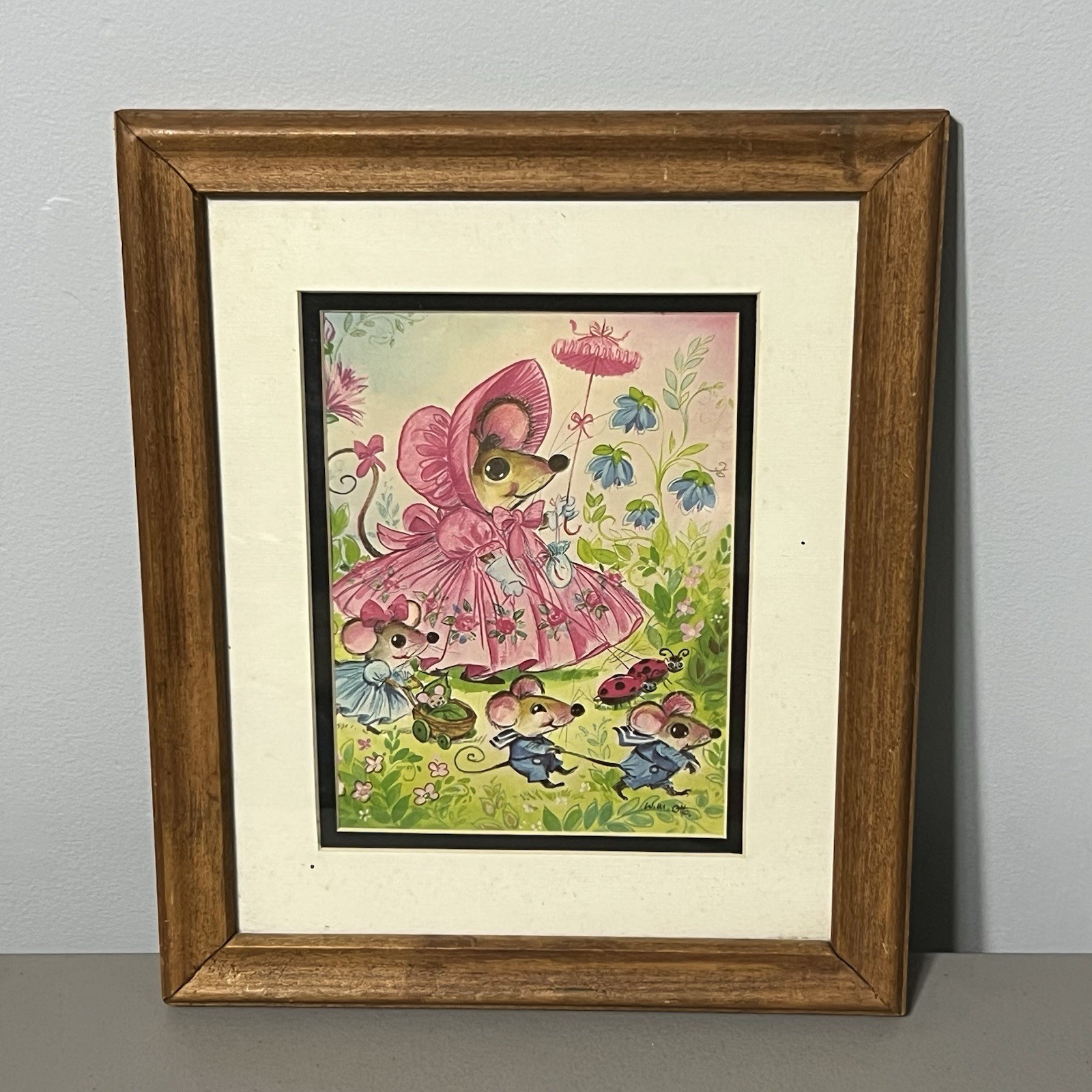 W.M. Otto Painting Mouse Ladybugs Animals Whimsical Art Cottagecore Floral VTG