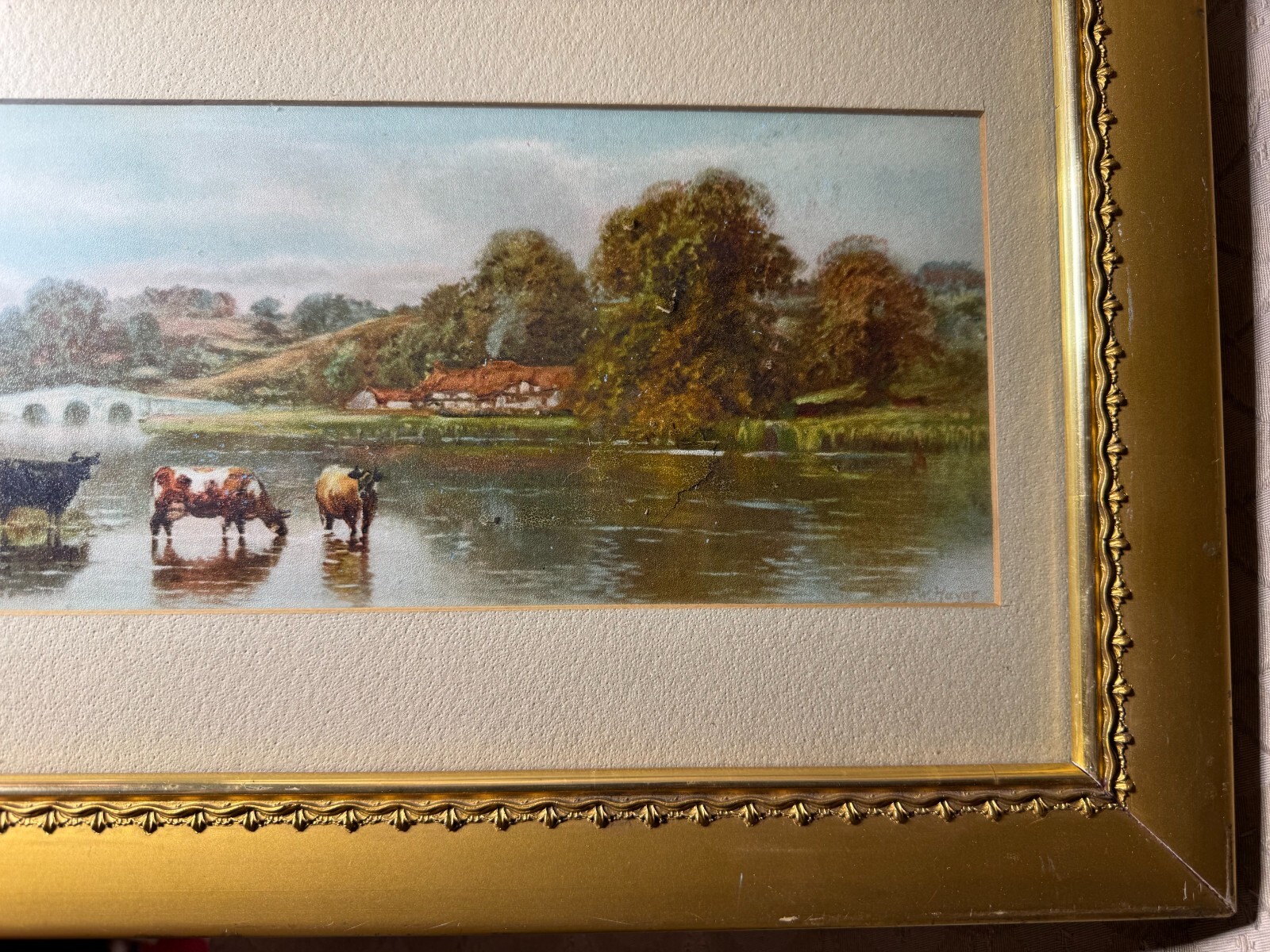 Frederick William Hayes (1848 – 1918) «Cattle By River» Mixed Media Painting