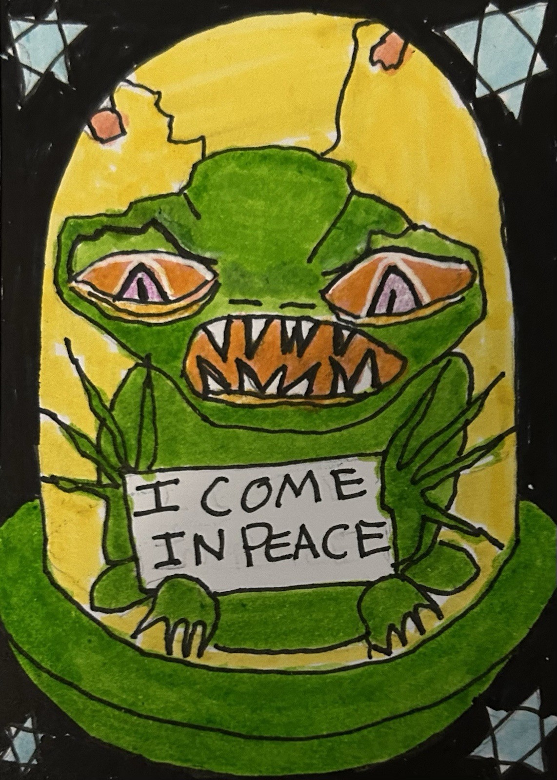 ACEO Original Miniature Art By Lyn’et – Titled; ‘I Come In Peace’ 2.5X3.5