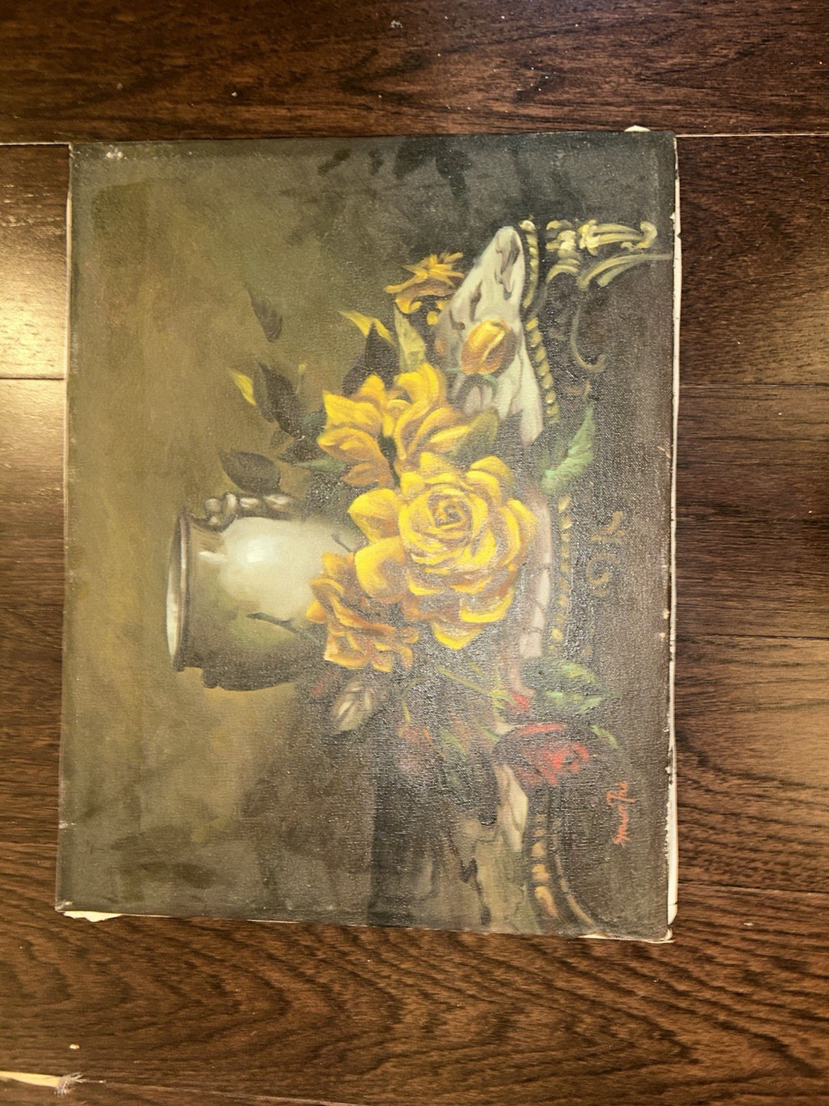 Still Life Original Painting Including A Rose, Yellow Flowers, And A White Vase.